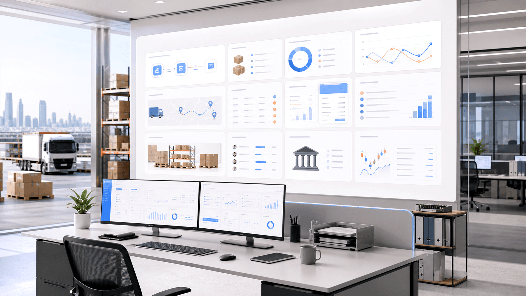 CoreNebula cloud ERP dashboard displayed on a wall of screens in a modern warehouse office